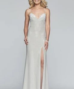 Formal Gowns Faviana - S10218 Metallic Jersey V-neck Trumpet Dress With Slit