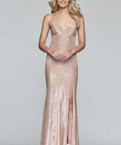 Formal Gowns Faviana - S10218 Metallic Jersey V-neck Trumpet Dress With Slit