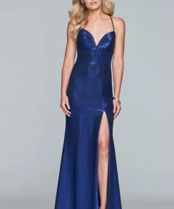 Formal Gowns Faviana - S10218 Metallic Jersey V-neck Trumpet Dress With Slit