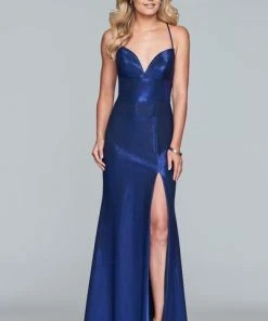 Formal Gowns Faviana - S10218 Metallic Jersey V-neck Trumpet Dress With Slit