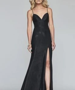 Formal Gowns Faviana - S10218 Metallic Jersey V-neck Trumpet Dress With Slit