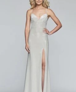 Formal Gowns Faviana - S10218 Metallic Jersey V-neck Trumpet Dress With Slit