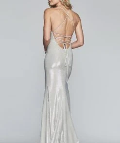 Formal Gowns Faviana - S10218 Metallic Jersey V-neck Trumpet Dress With Slit