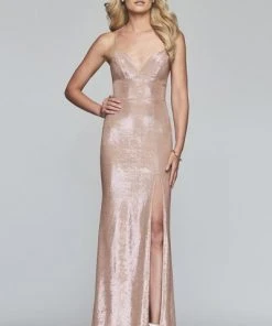Formal Gowns Faviana - S10218 Metallic Jersey V-neck Trumpet Dress With Slit