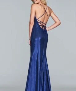 Formal Gowns Faviana - S10218 Metallic Jersey V-neck Trumpet Dress With Slit
