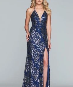 Faviana - S10282 Sequined Rosette Motif High Slit Gown Formal Gowns