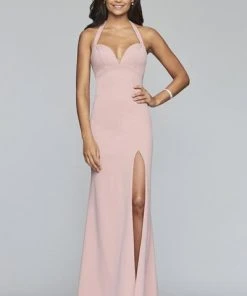 Faviana - S10284 Stretch Crepe Halter V-neck Fitted Dress