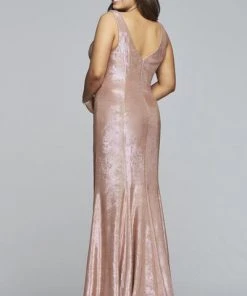 Formal Gowns Faviana - Sleeveless Metallic Jersey V-neck Sheath Dress 9453 - 1 Pc Platinum In Size 14W Available