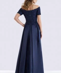 Feriani Couture - Beaded Off Shoulder Pleated Evening Gown 18657 - 1 Pc Navy In Sizes 6 Available