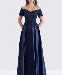 Feriani Couture - Beaded Off Shoulder Pleated Evening Gown 18657 - 1 Pc Navy In Sizes 6 Available