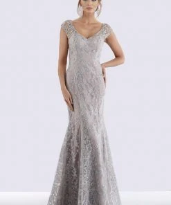 Formal Gowns Feriani Couture 18721 Cap Sleeve V-Neck Embellished Mermaid Gown - 1 Pc Silver In Size 10 Available