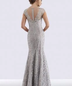 Formal Gowns Feriani Couture 18721 Cap Sleeve V-Neck Embellished Mermaid Gown - 1 Pc Silver In Size 10 Available