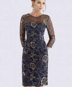 Cocktail Dresses Feriani Couture - Gilt Floral Embroidered Quarter Sleeve Dress