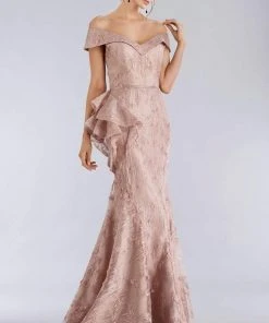 Formal Gowns Feriani Couture - Off Shoulder Ruffled Peplum Accent Trumpet Dress 18958 - 1 Pc Rose In Size 6 Available