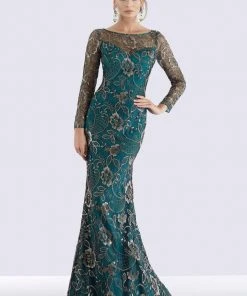 Formal Gowns Feriani Couture - Sequined Floral Long Sleeve Gown 18718 - 1 Pc Navy In Size 12 Available