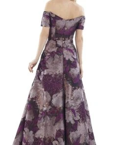 Formal Gowns Feriani Couture - Short Sleeve Floral Off Shoulder Dress 20116 - 1 Pc Purple In Size 16 Available