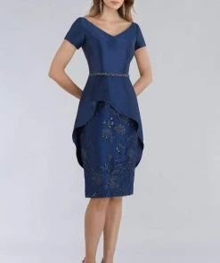 Cocktail Dresses Feriani Couture - Short Sleeve Knee Length Peplum Beaded Dress 18953
