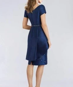 Cocktail Dresses Feriani Couture - Short Sleeve Knee Length Peplum Beaded Dress 18953