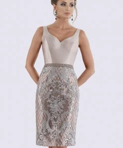 Feriani Couture Sleek Embroidered Lattice Cocktail Dress 18690