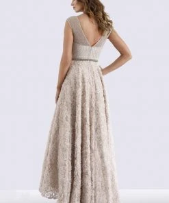 Feriani Couture - Embossed Floral Cap Sleeves High Low Dress 18662 - 1 Pc Stone In Size 6 Available Formal Gowns