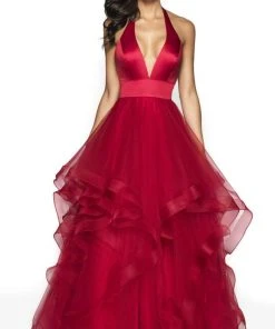 Blush By Alexia Designs Flair Prom - 19054 Satin Deep Halter V-neck Tulle Ballgown Formal Gowns