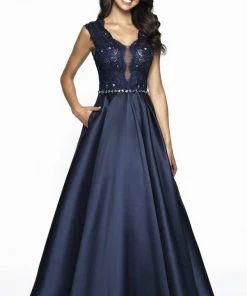 Blush By Alexia Designs Formal Gowns Flair Prom - 19057 Lace V-neck Mikado A-line Dress