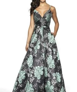 Blush By Alexia Designs Formal Gowns Flair Prom - 19097 Brocade Plunging V-neck A-line Dress