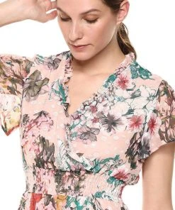 Gabby Skye - 18176M Smocked Waistband V Neck Floral Print Dress Cocktail Dresses