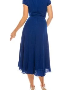 Gabby Skye - 56839MG Short Sleeve Metallic Pinstriped Faux Wrap Dress Cocktail Dresses