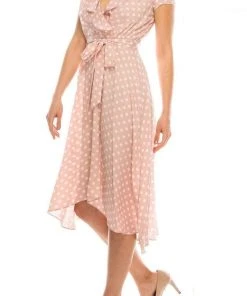 Gabby Skye - 57538MG Polka Dot Ruffle Neckline Faux Wrap Dress