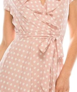Gabby Skye - 57538MG Polka Dot Ruffle Neckline Faux Wrap Dress