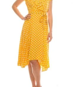 Gabby Skye - 57538MG Polka Dot Ruffle Neckline Faux Wrap Dress
