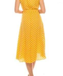 Gabby Skye - 57538MG Polka Dot Ruffle Neckline Faux Wrap Dress