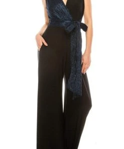 Gabby Skye - 85172M Dual Toned Metallic Waist Tie Wide Leg Jumpsuit Prom Dresses