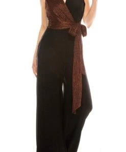 Gabby Skye - 85172M Dual Toned Metallic Waist Tie Wide Leg Jumpsuit Prom Dresses