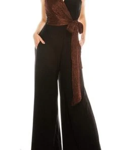 Gabby Skye - 85172M Dual Toned Metallic Waist Tie Wide Leg Jumpsuit Prom Dresses