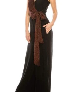 Gabby Skye - 85172M Dual Toned Metallic Waist Tie Wide Leg Jumpsuit Prom Dresses