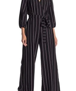 Prom Dresses Gabby Skye - 91139MG Quarter Sleeve Stripe V-Neck Jumpsuit