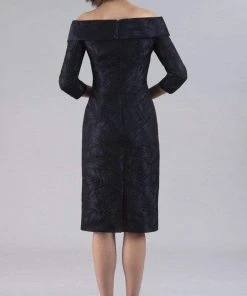 Cocktail Dresses Gia Franco - Off Shoulder Drape-Ornate Lace Dress 12053 - 1 Pc Navy In Size 8 Available