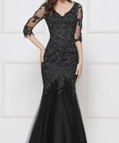 Colors Dress Glow By Colors - G290SL-1 Embellished Lace V-neck Trumpet Dress Formal Gowns