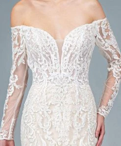 Formal Gowns GLS By Gloria - GL1801 Embroidered Deep Off-Shoulder Trumpet Dress