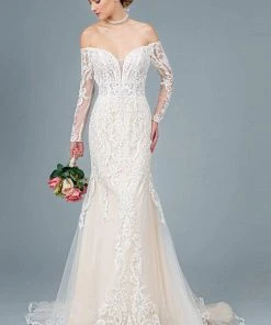 Formal Gowns GLS By Gloria - GL1801 Embroidered Deep Off-Shoulder Trumpet Dress