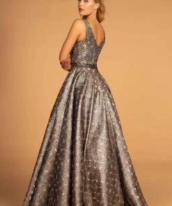 Formal Gowns GLS By Gloria - GL2539 Embroidered Deep V-neck Jacquard Ballgown