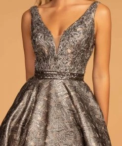 Formal Gowns GLS By Gloria - GL2539 Embroidered Deep V-neck Jacquard Ballgown