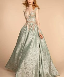 GLS By Gloria - GL2540 Floral Embroidered Deep V-neck Ballgown