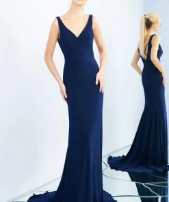 Ieena Duggal - 2050I Sleeveless V-neck Jersey Trumpet Dress With Train Formal Gowns
