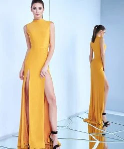 Ieena Duggal - 25034I High Neck Dual Slit Sheath Gown Formal Gowns