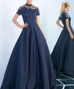 Ieena Duggal - 25809I High Collar Embellished Satin Ballgown