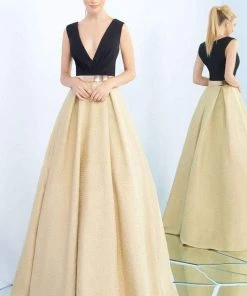 Ieena Duggal - 25878I Sleeveless Ruched V-Neck Metallic Gown