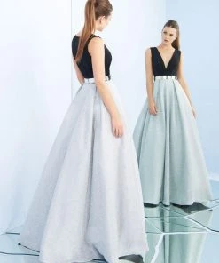 Ieena Duggal - 25878I Sleeveless Ruched V-Neck Metallic Gown